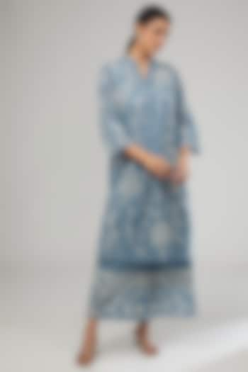 Blue Handloom Cotton Cutwork Embroidered Dress by Peachoo at Pernia's Pop Up Shop