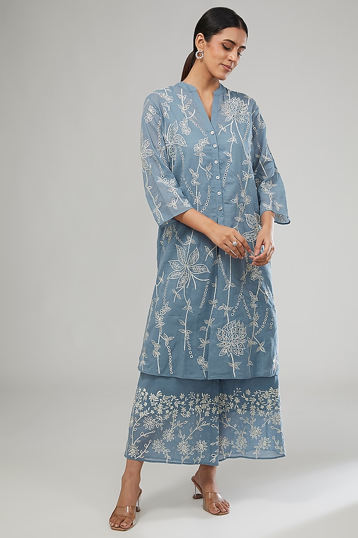 Blue Handloom Cotton Cutwork Embroidered Dress by Peachoo at Pernia's Pop Up Shop