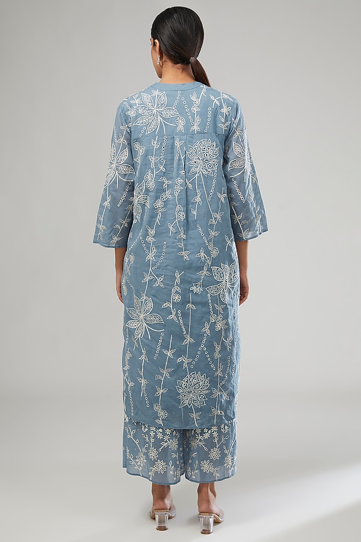Blue Handloom Cotton Cutwork Embroidered Kurta by Peachoo at Pernia's Pop Up Shop