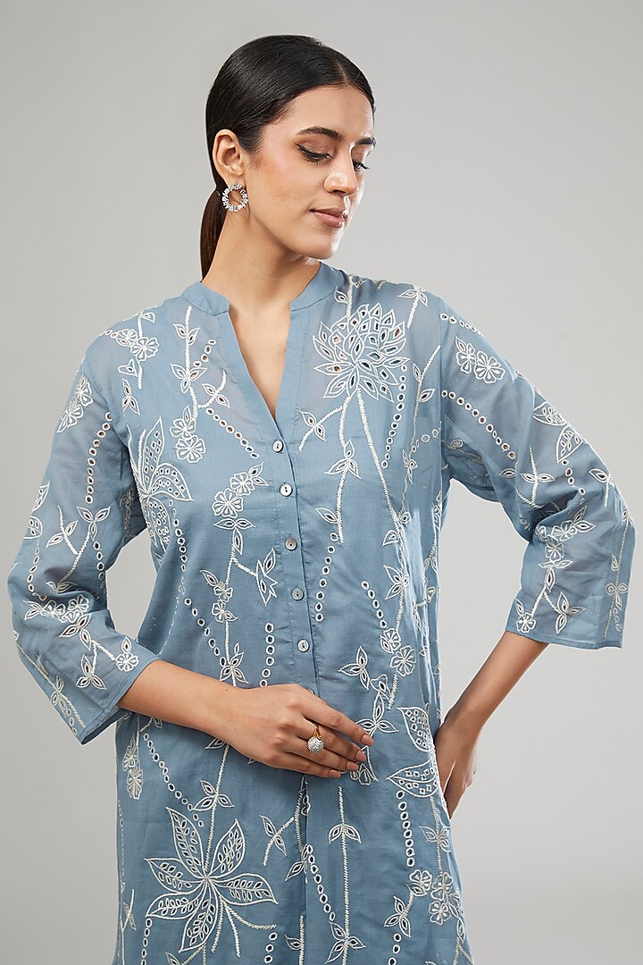 Blue Handloom Cotton Cutwork Embroidered Kurta by Peachoo at Pernia's Pop Up Shop