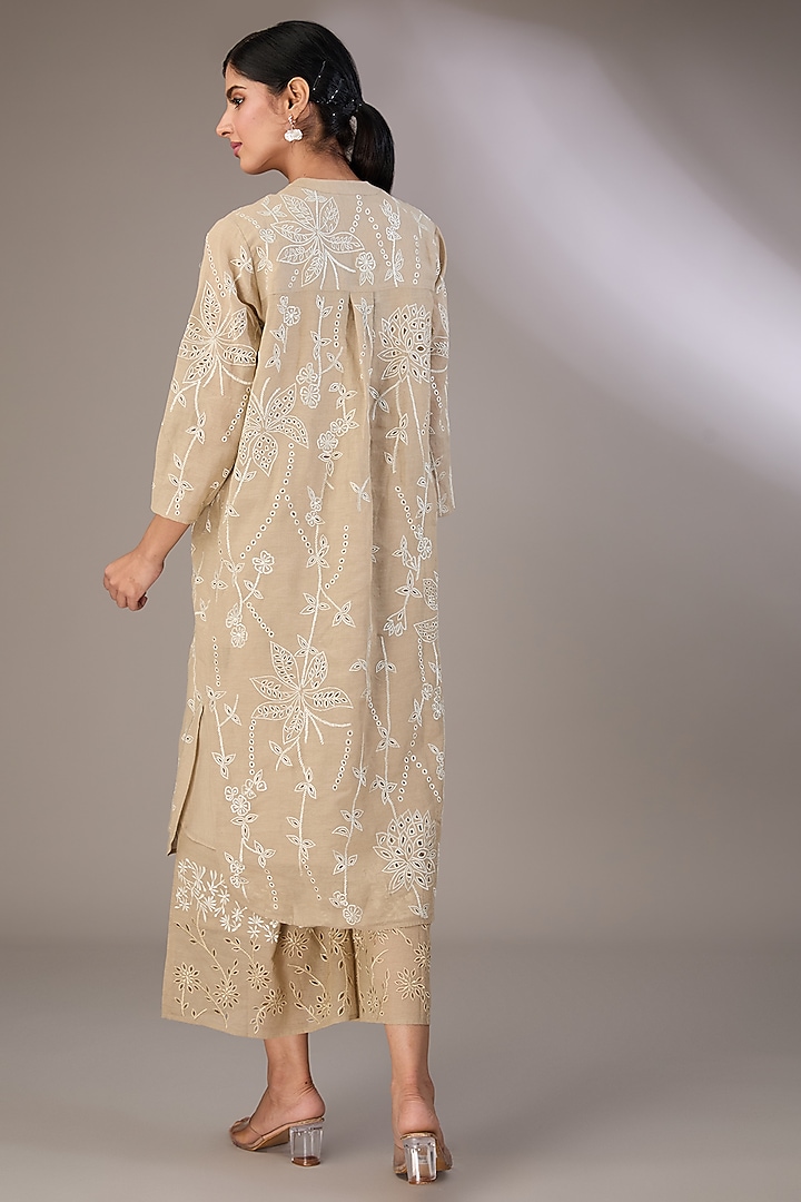 Beige Handloom Cotton Cutwork Embroidered Kurta by Peachoo at Pernia's Pop Up Shop