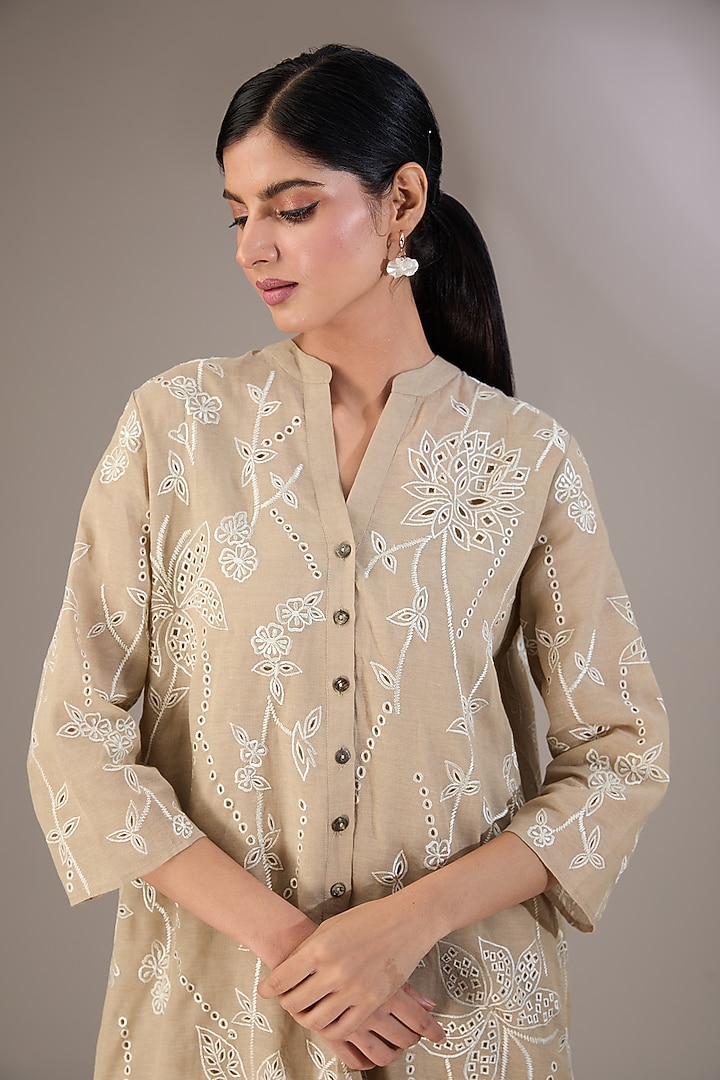 Beige Handloom Cotton Cutwork Embroidered Kurta by Peachoo at Pernia's Pop Up Shop