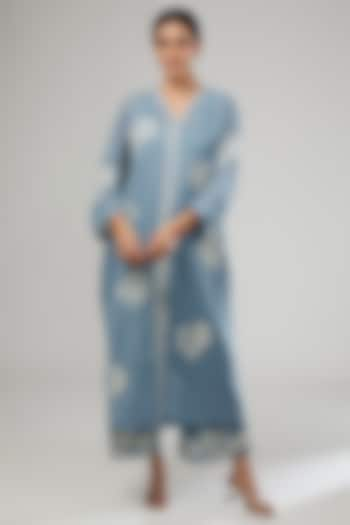 Blue Handloom Cotton Thread Embroidered Dress by Peachoo at Pernia's Pop Up Shop