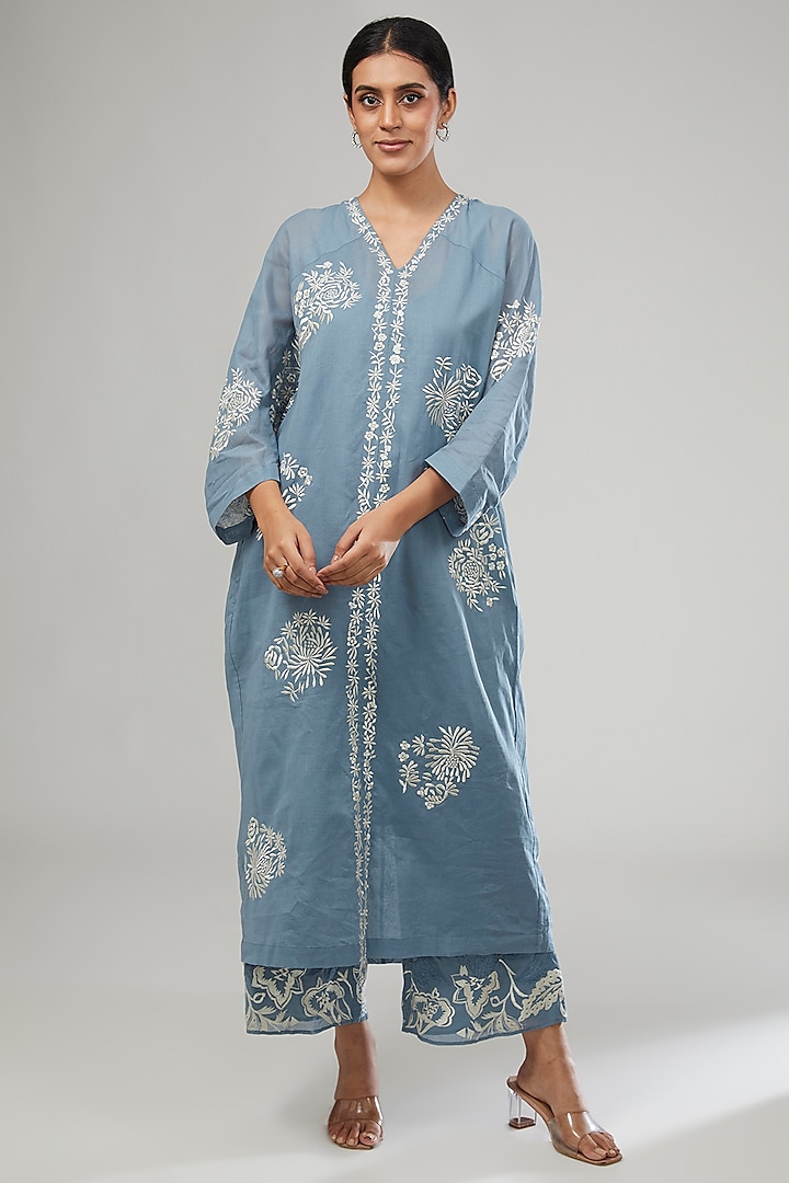 Blue Handloom Cotton Thread Embroidered Dress by Peachoo at Pernia's Pop Up Shop