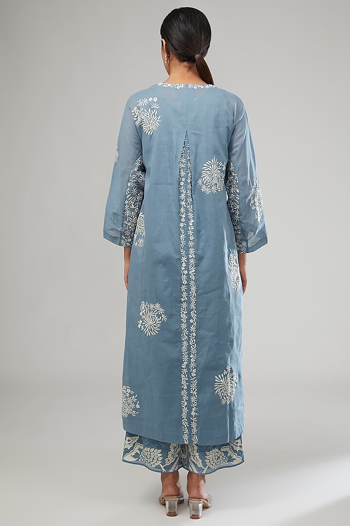 Blue Handloom Cotton Thread Embroidered Kurta by Peachoo at Pernia's Pop Up Shop