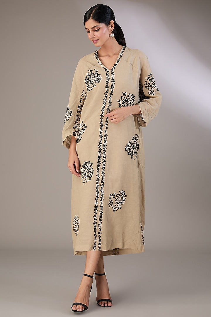 Beige Handloom Cotton Thread Embroidered Dress by Peachoo at Pernia's Pop Up Shop