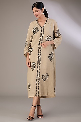 Beige Handloom Cotton Thread Embroidered Dress by Peachoo