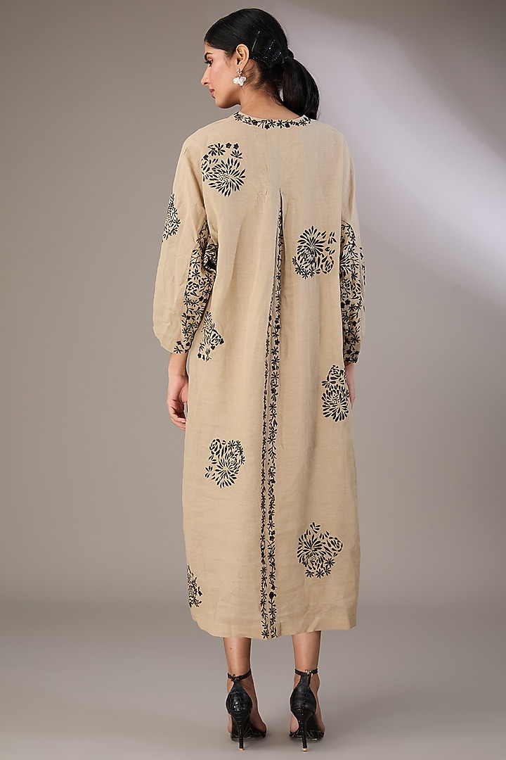 Beige Handloom Cotton Thread Embroidered Vacation Dress by Peachoo at Pernia's Pop Up Shop