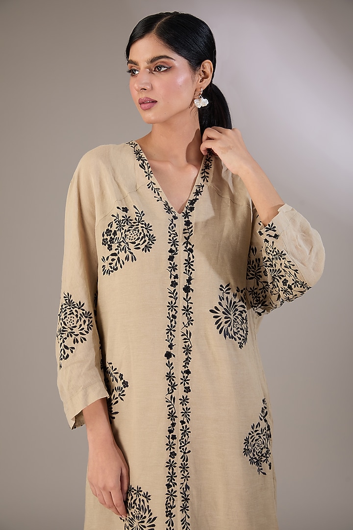 Beige Handloom Cotton Thread Embroidered Vacation Dress by Peachoo at Pernia's Pop Up Shop