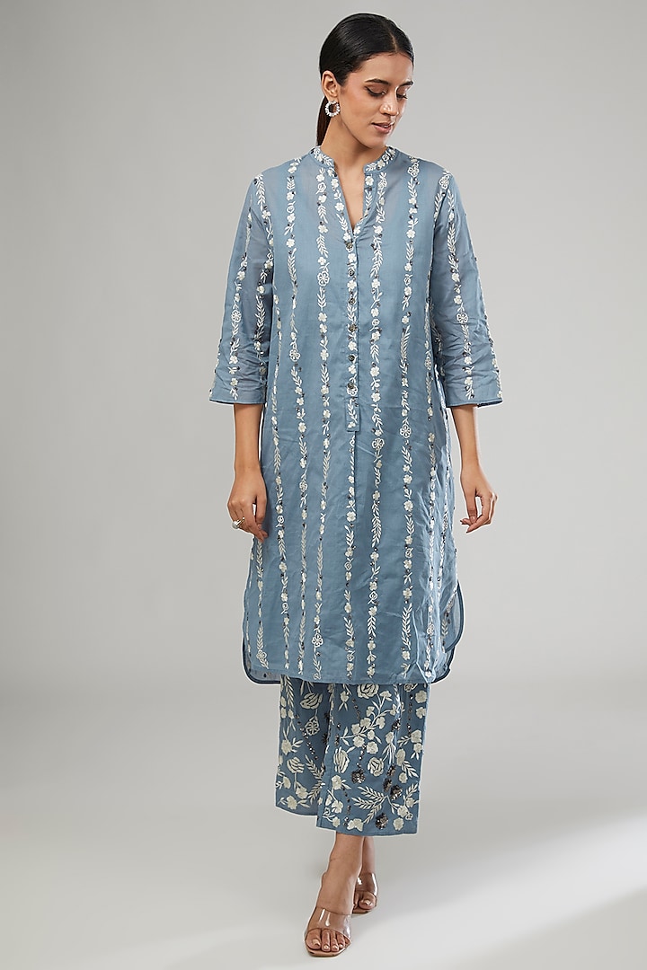 Blue Handloom Cotton Thread Embroidered Dress by Peachoo at Pernia's Pop Up Shop