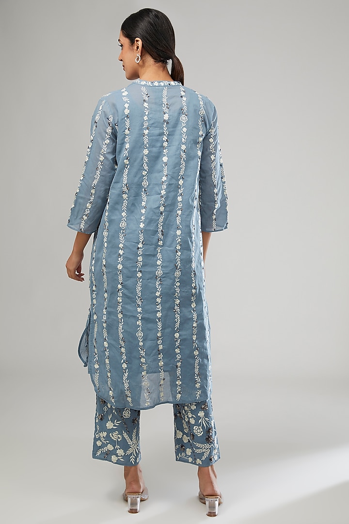 Blue Handloom Cotton Thread Embroidered Kurta by Peachoo at Pernia's Pop Up Shop