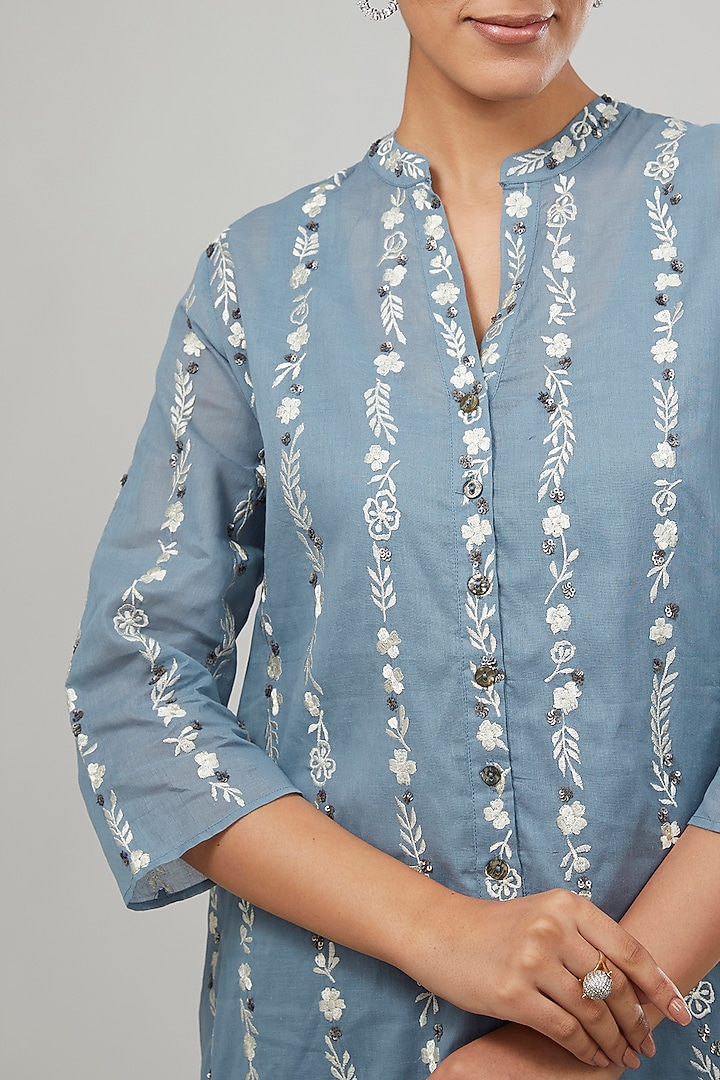Blue Handloom Cotton Thread Embroidered Kurta by Peachoo at Pernia's Pop Up Shop