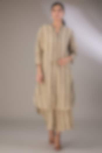 Beige Handloom Cotton Thread Embroidered Dress by Peachoo at Pernia's Pop Up Shop