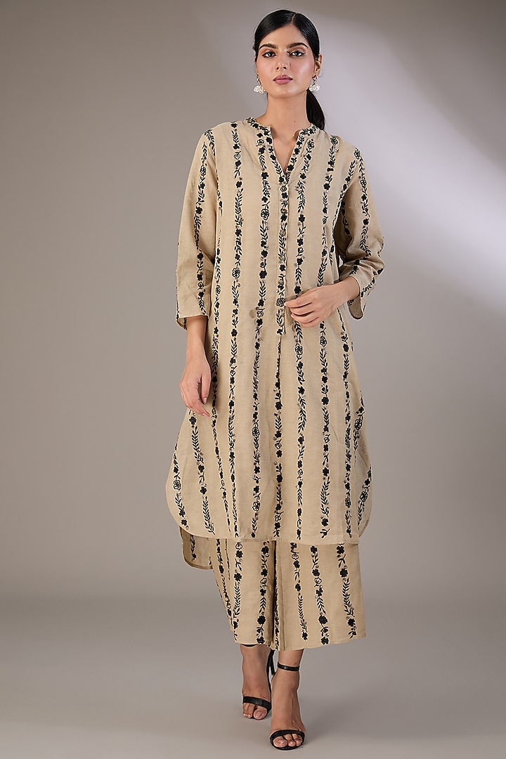 Beige Handloom Cotton Thread Embroidered Dress by Peachoo at Pernia's Pop Up Shop