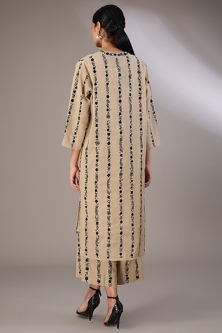 Beige Handloom Cotton Thread Embroidered Kurta by Peachoo at Pernia's Pop Up Shop