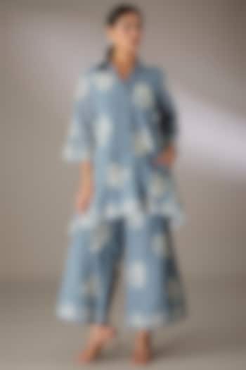 Blue Handloom Cotton Thread Embroidered Tunic by Peachoo at Pernia's Pop Up Shop