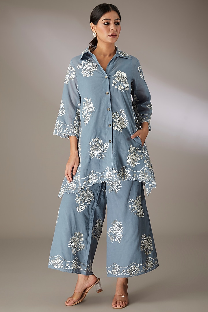 Blue Handloom Cotton Thread Embroidered Tunic by Peachoo at Pernia's Pop Up Shop