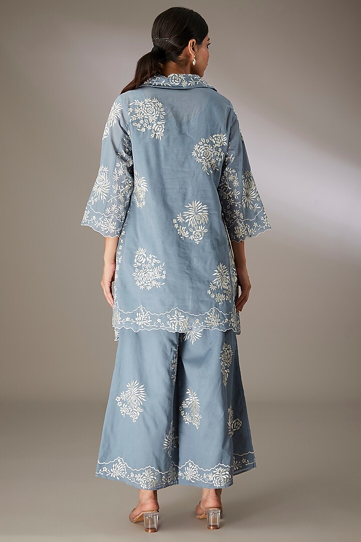 Blue Handloom Cotton Thread Embroidered Tunic by Peachoo at Pernia's Pop Up Shop