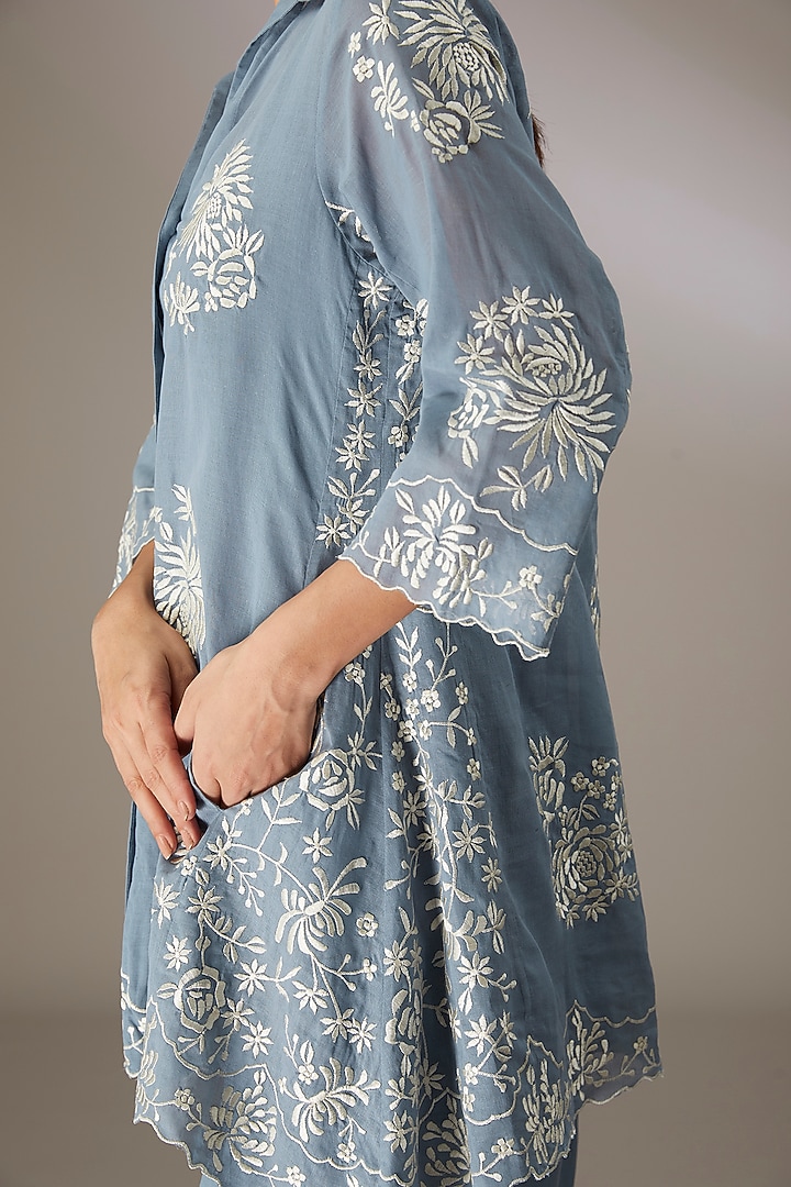 Blue Handloom Cotton Thread Embroidered Tunic by Peachoo at Pernia's Pop Up Shop