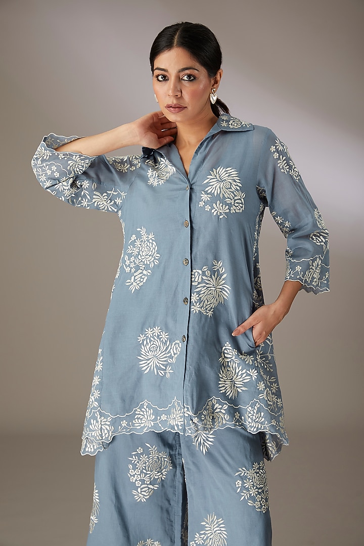 Blue Handloom Cotton Thread Embroidered Tunic by Peachoo at Pernia's Pop Up Shop