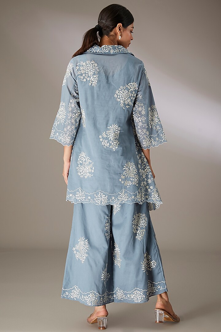 Blue Handloom Cotton Thread Embroidered Pants by Peachoo at Pernia's Pop Up Shop