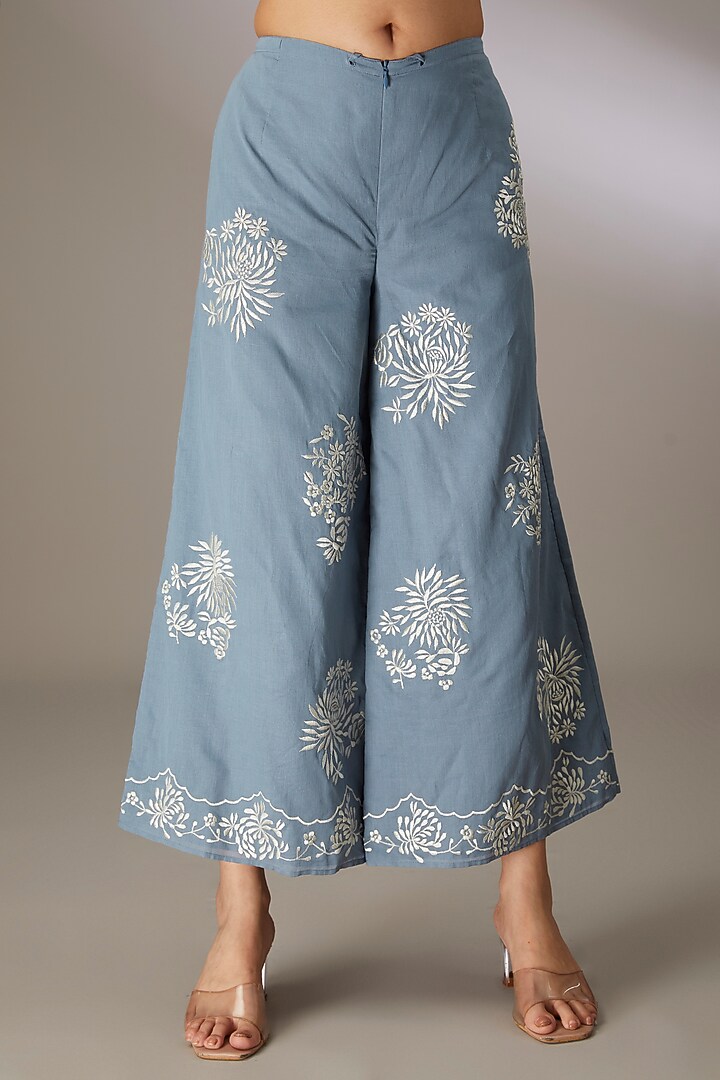 Blue Handloom Cotton Thread Embroidered Pants by Peachoo at Pernia's Pop Up Shop