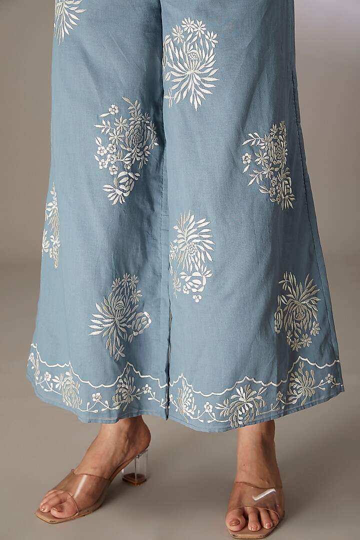 Blue Handloom Cotton Thread Embroidered Pants by Peachoo at Pernia's Pop Up Shop