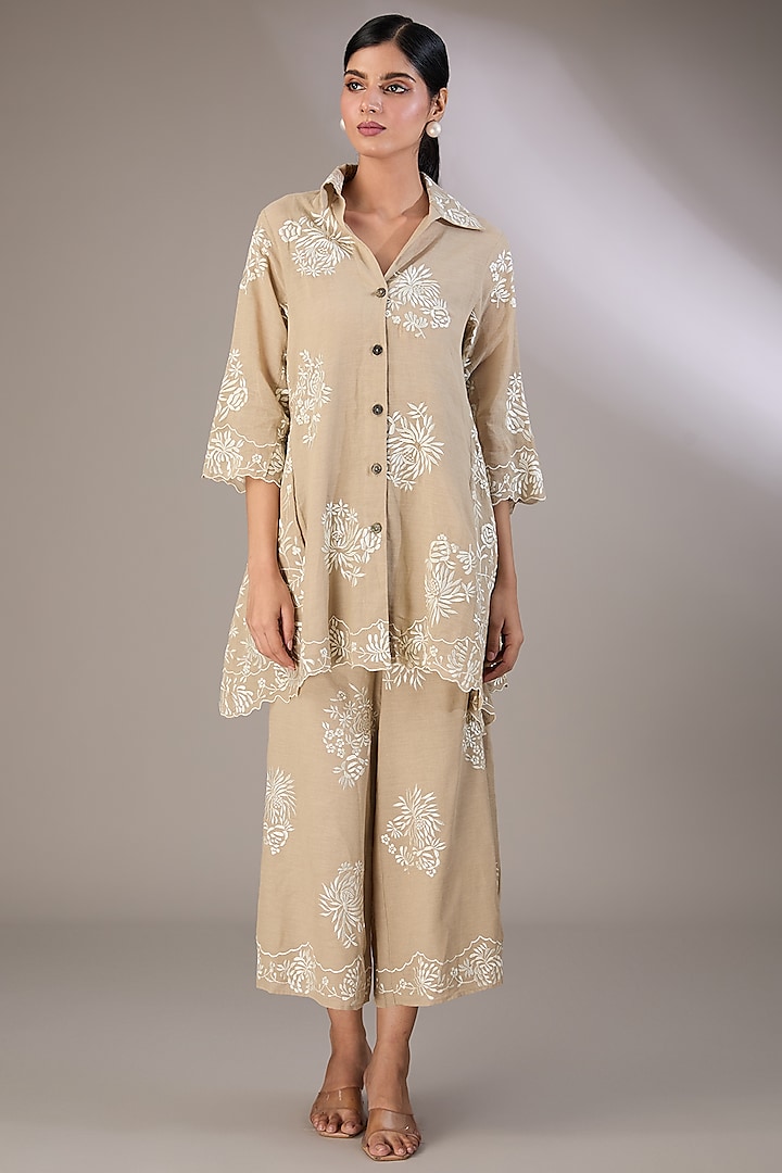 Beige Handloom Cotton Thread Embroidered Jacket by Peachoo at Pernia's Pop Up Shop