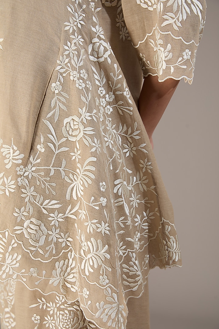 Beige Handloom Cotton Thread Embroidered Tunic by Peachoo at Pernia's Pop Up Shop