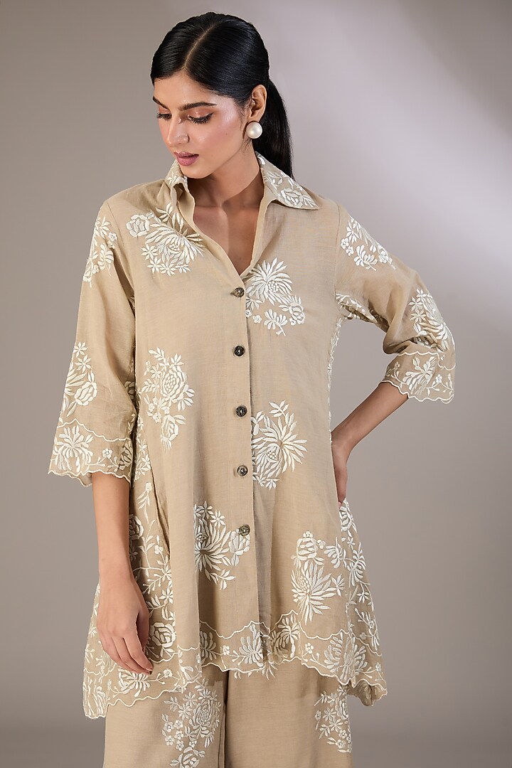 Beige Handloom Cotton Thread Embroidered Tunic by Peachoo at Pernia's Pop Up Shop