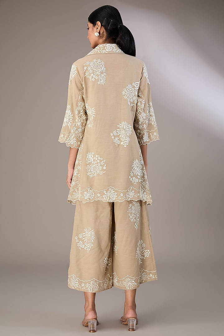 Beige Handloom Cotton Thread Embroidered Pants by Peachoo at Pernia's Pop Up Shop