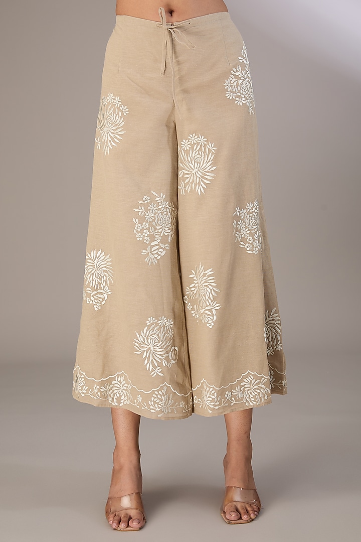 Beige Handloom Cotton Thread Embroidered Pants by Peachoo at Pernia's Pop Up Shop