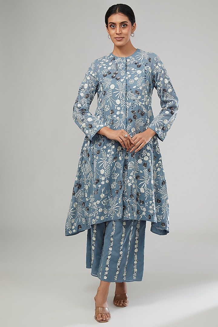 Blue Handloom Cotton Thread Embroidered Jacket by Peachoo at Pernia's Pop Up Shop