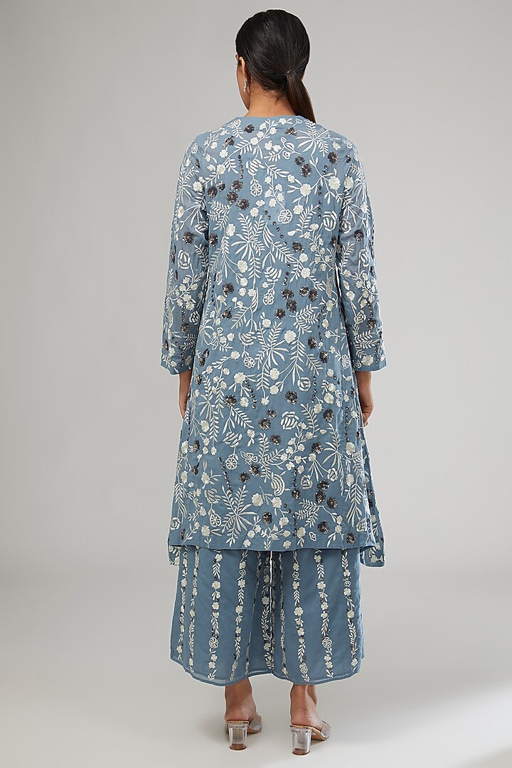 Blue Handloom Cotton Thread Embroidered Kurta by Peachoo at Pernia's Pop Up Shop