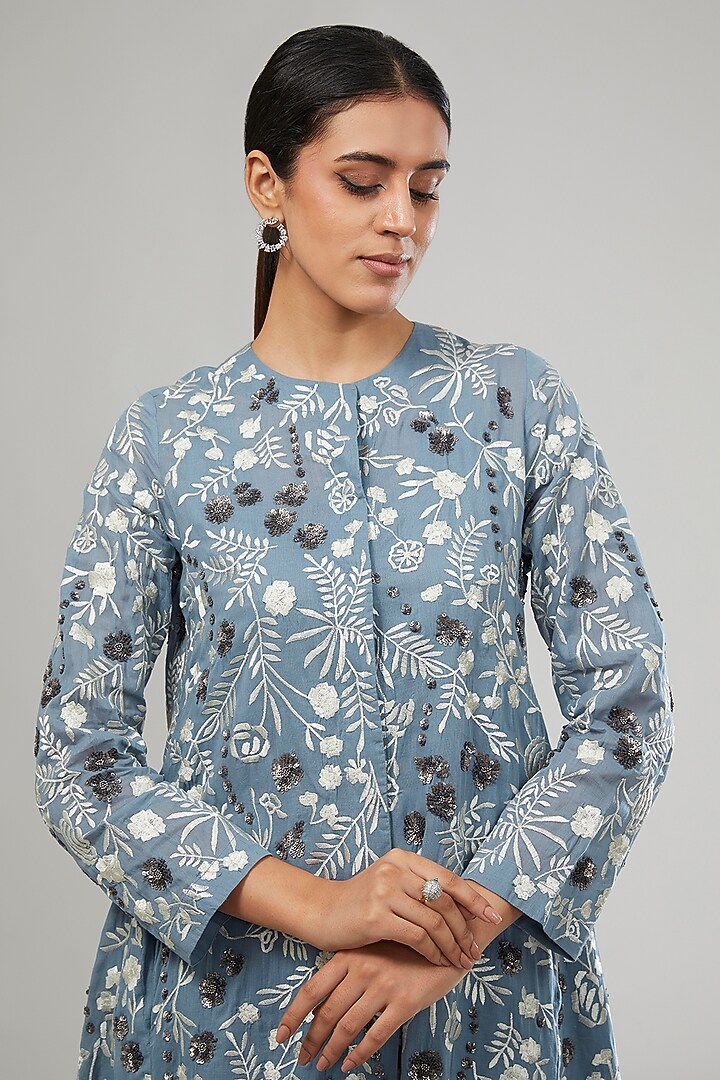 Blue Handloom Cotton Thread Embroidered Kurta by Peachoo at Pernia's Pop Up Shop