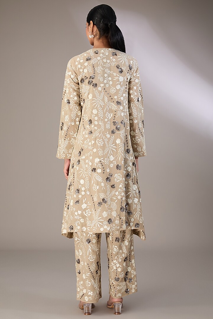 Beige Handloom Cotton Thread & Bead Embroidered Kurta by Peachoo at Pernia's Pop Up Shop