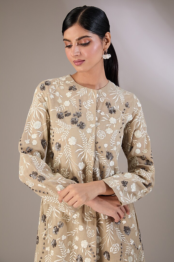 Beige Handloom Cotton Thread & Bead Embroidered Kurta by Peachoo at Pernia's Pop Up Shop