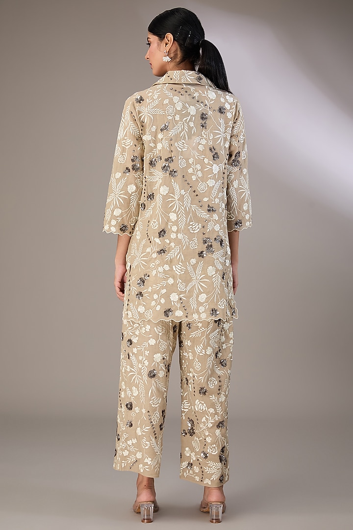 Beige Handloom Cotton Thread & Bead Embroidered Shirt by Peachoo at Pernia's Pop Up Shop