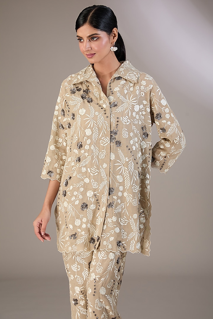 Beige Handloom Cotton Thread & Bead Embroidered Shirt by Peachoo at Pernia's Pop Up Shop