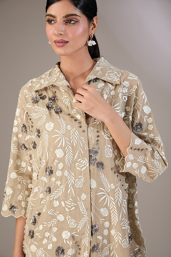 Beige Handloom Cotton Thread & Bead Embroidered Shirt by Peachoo at Pernia's Pop Up Shop