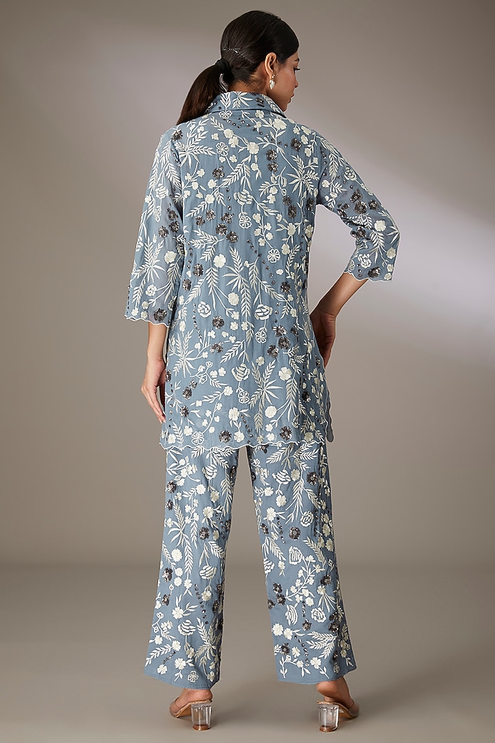 Blue Handloom Cotton Thread & Bead Embroidered Shirt by Peachoo at Pernia's Pop Up Shop