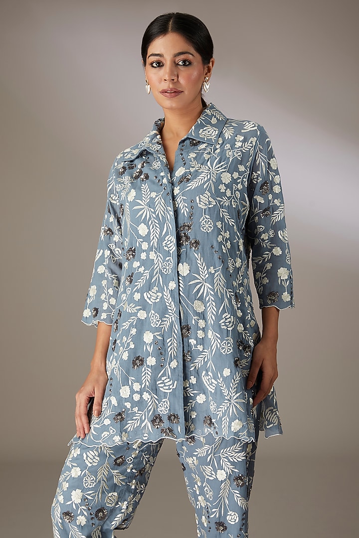 Blue Handloom Cotton Thread & Bead Embroidered Shirt by Peachoo at Pernia's Pop Up Shop