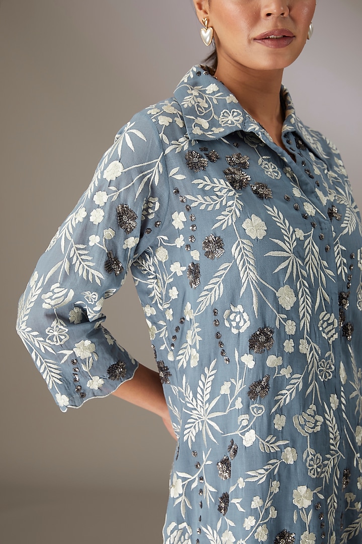 Blue Handloom Cotton Thread & Bead Embroidered Shirt by Peachoo at Pernia's Pop Up Shop