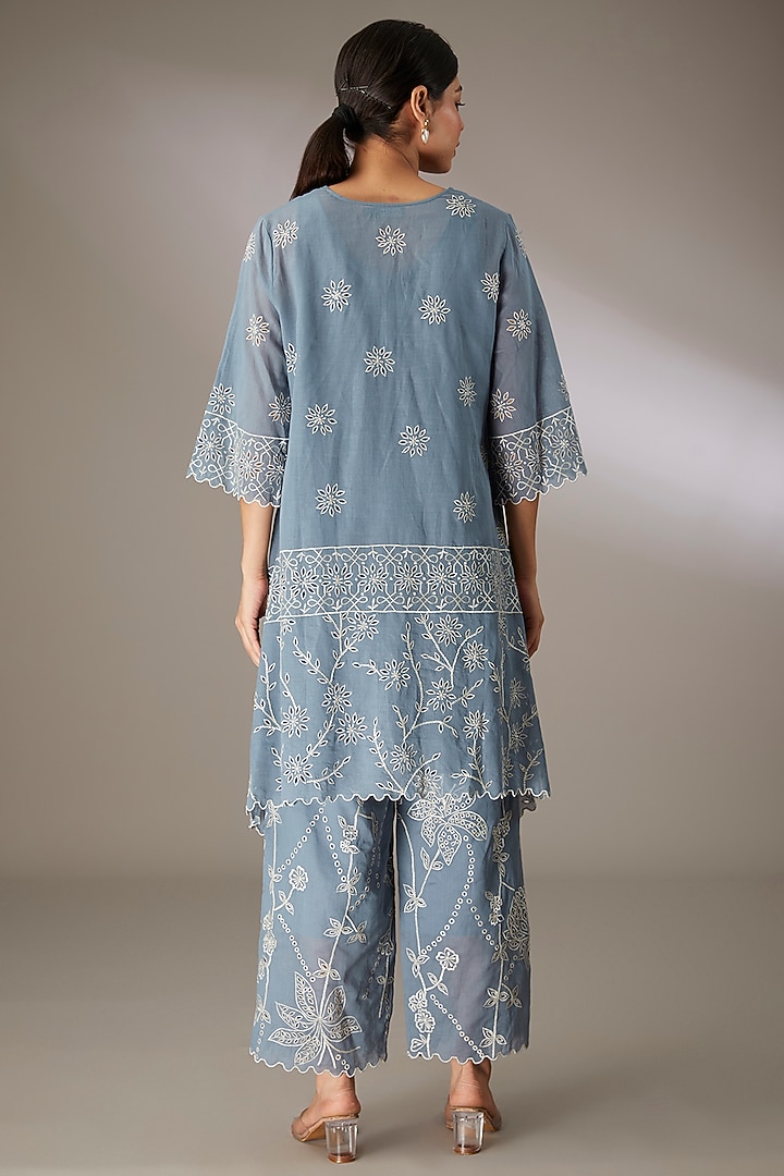 Blue Handloom Cotton Thread & Bead Embroidered Kurta by Peachoo at Pernia's Pop Up Shop