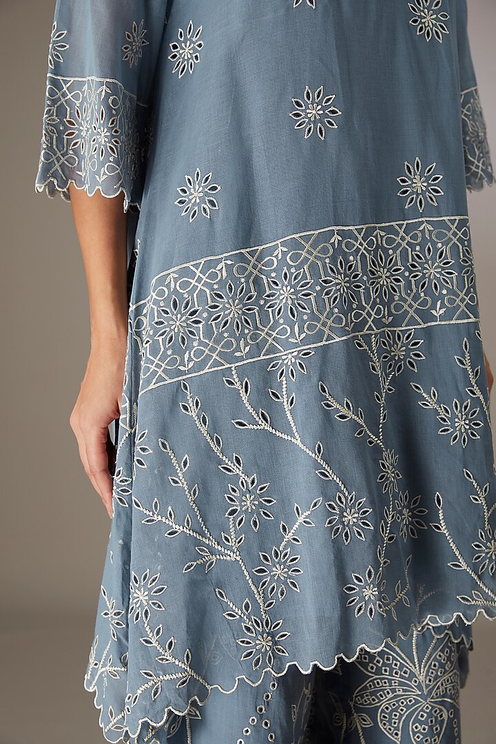 Blue Handloom Cotton Thread & Bead Embroidered Kurta by Peachoo at Pernia's Pop Up Shop