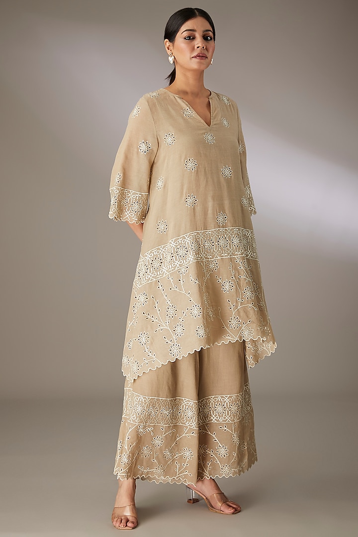 Beige Handloom Cotton Thread Embroidered Tunic by Peachoo at Pernia's Pop Up Shop