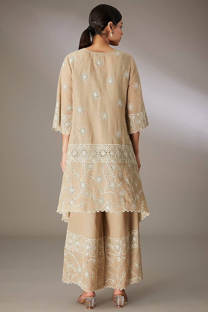 Beige Handloom Cotton Thread Embroidered Tunic by Peachoo at Pernia's Pop Up Shop