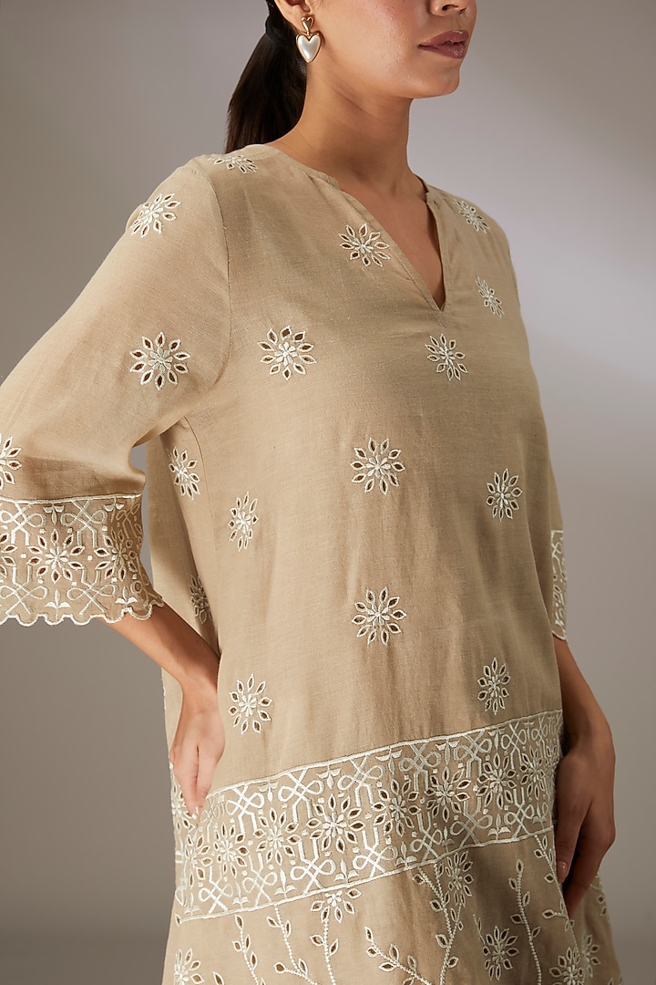 Beige Handloom Cotton Thread Embroidered Tunic by Peachoo at Pernia's Pop Up Shop