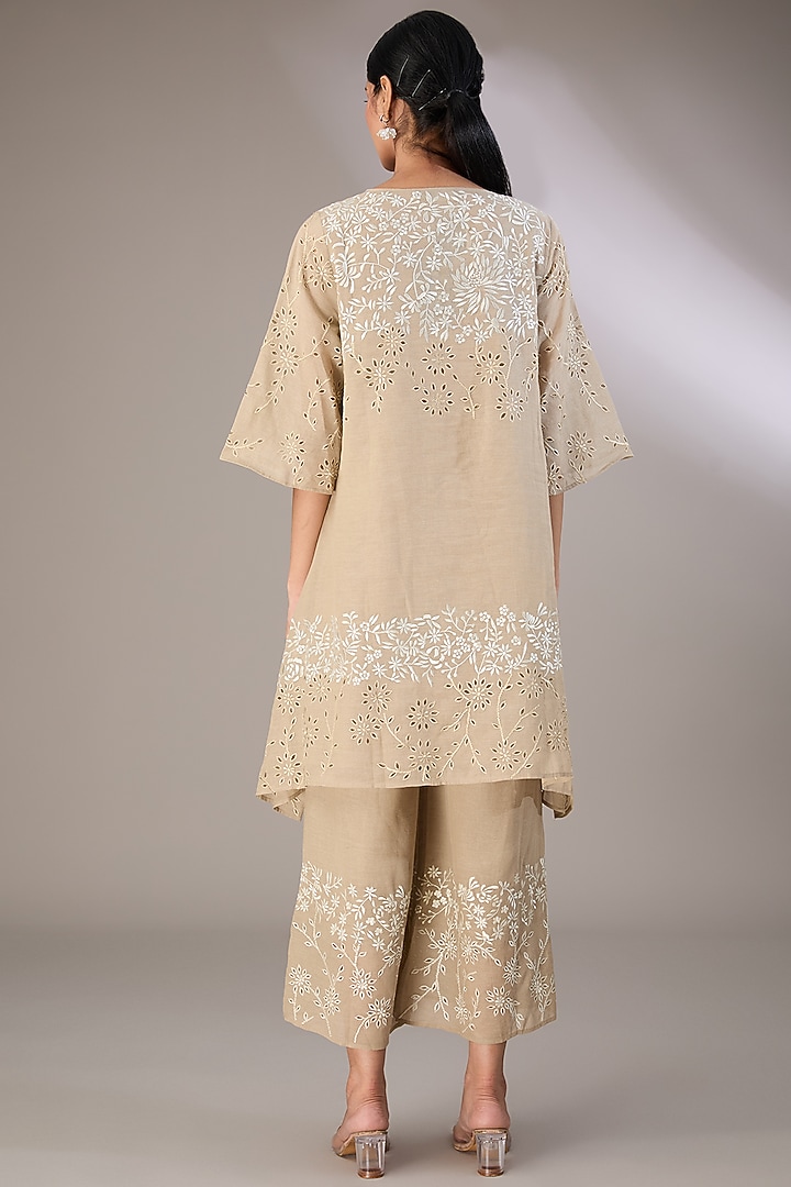 Beige Handloom Cotton Thread & Cutwork Embroidered Tunic by Peachoo at Pernia's Pop Up Shop