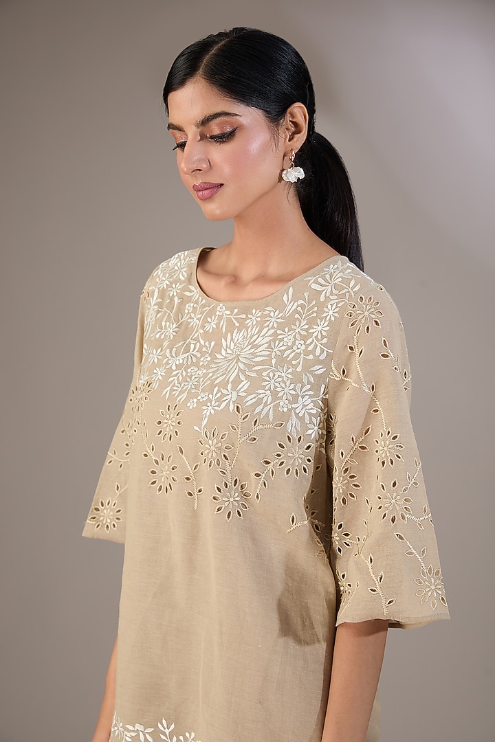 Beige Handloom Cotton Thread & Cutwork Embroidered Tunic by Peachoo at Pernia's Pop Up Shop